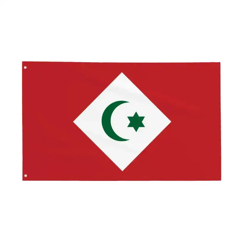 Red flag with a white diamond, green crescent, and green star in the center