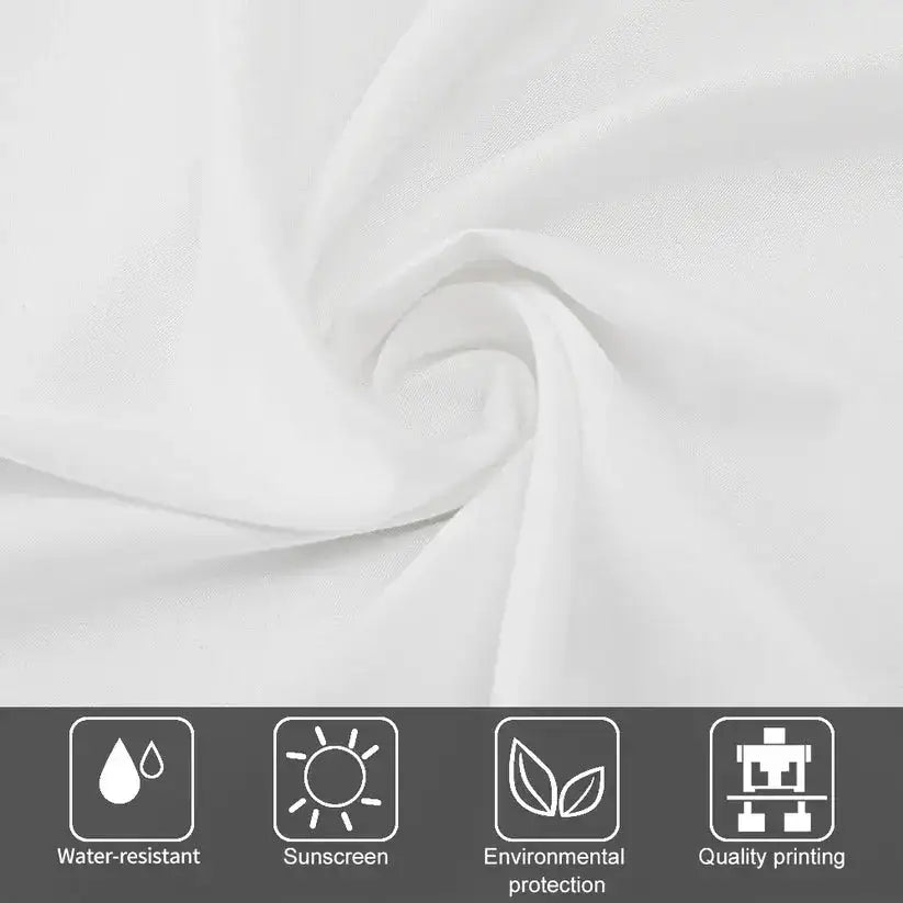Close-up of white fabric with icons showing water-resistant, sunscreen, eco-friendly, quality printing features.