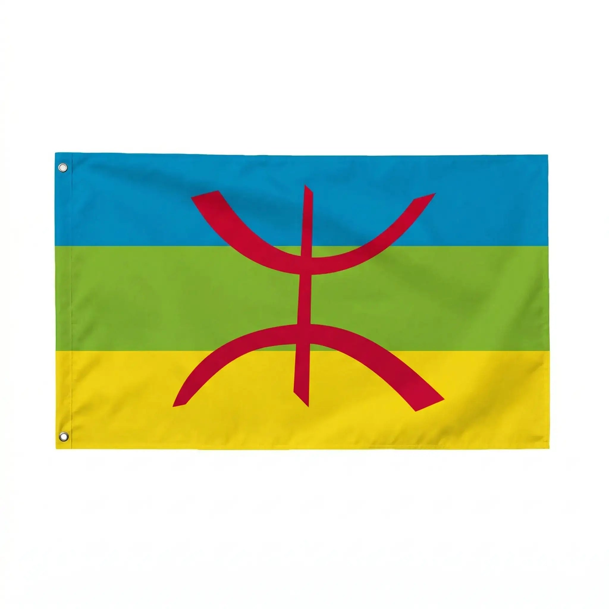 Amazigh flag with blue, green, yellow stripes and red Berber symbol in center