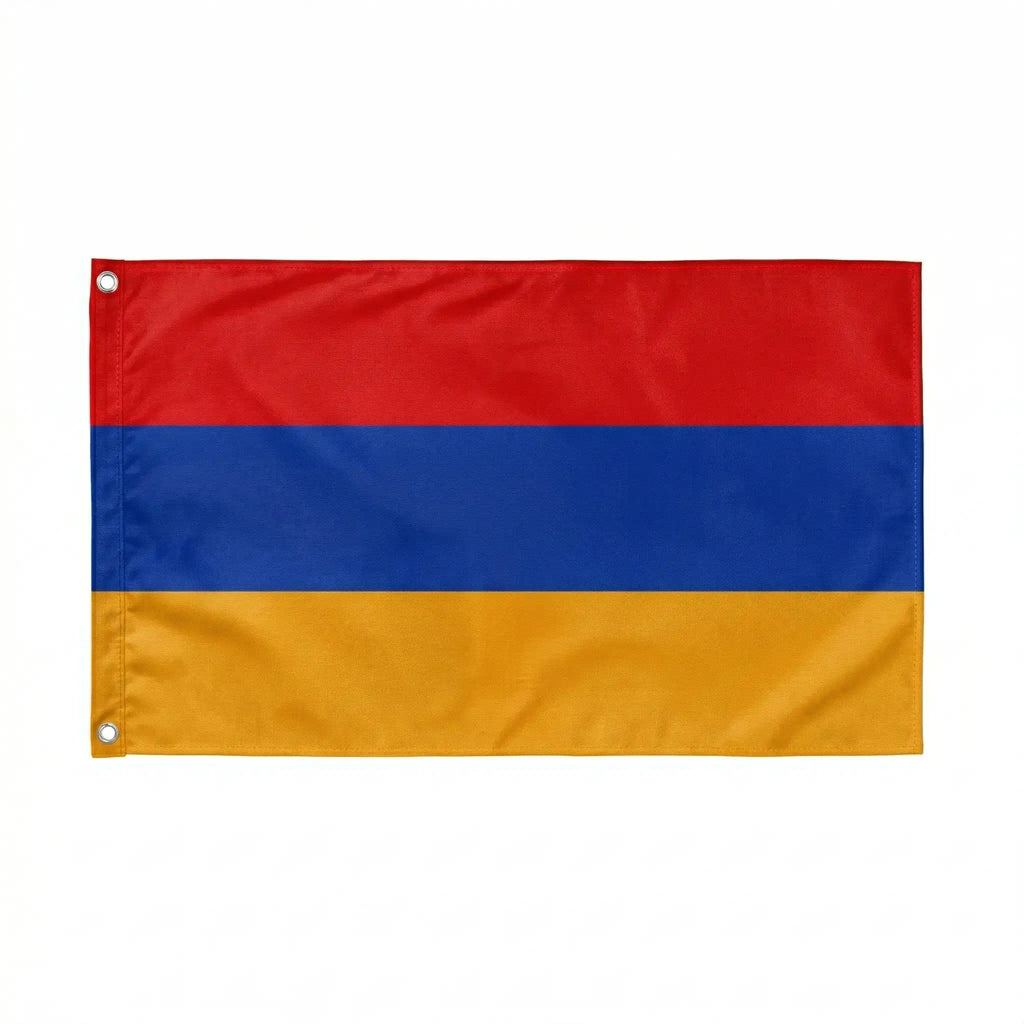 Horizontal tricolor flag with red, blue, and orange stripes on a white background.
