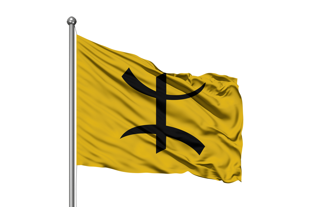 Yellow flag with bold black Berber symbol, representing Chaoui heritage and identity