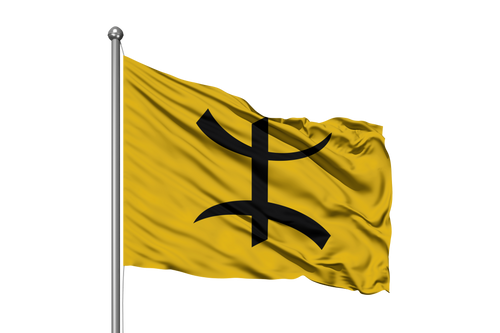 Yellow flag with bold black Berber symbol, representing Chaoui heritage and identity