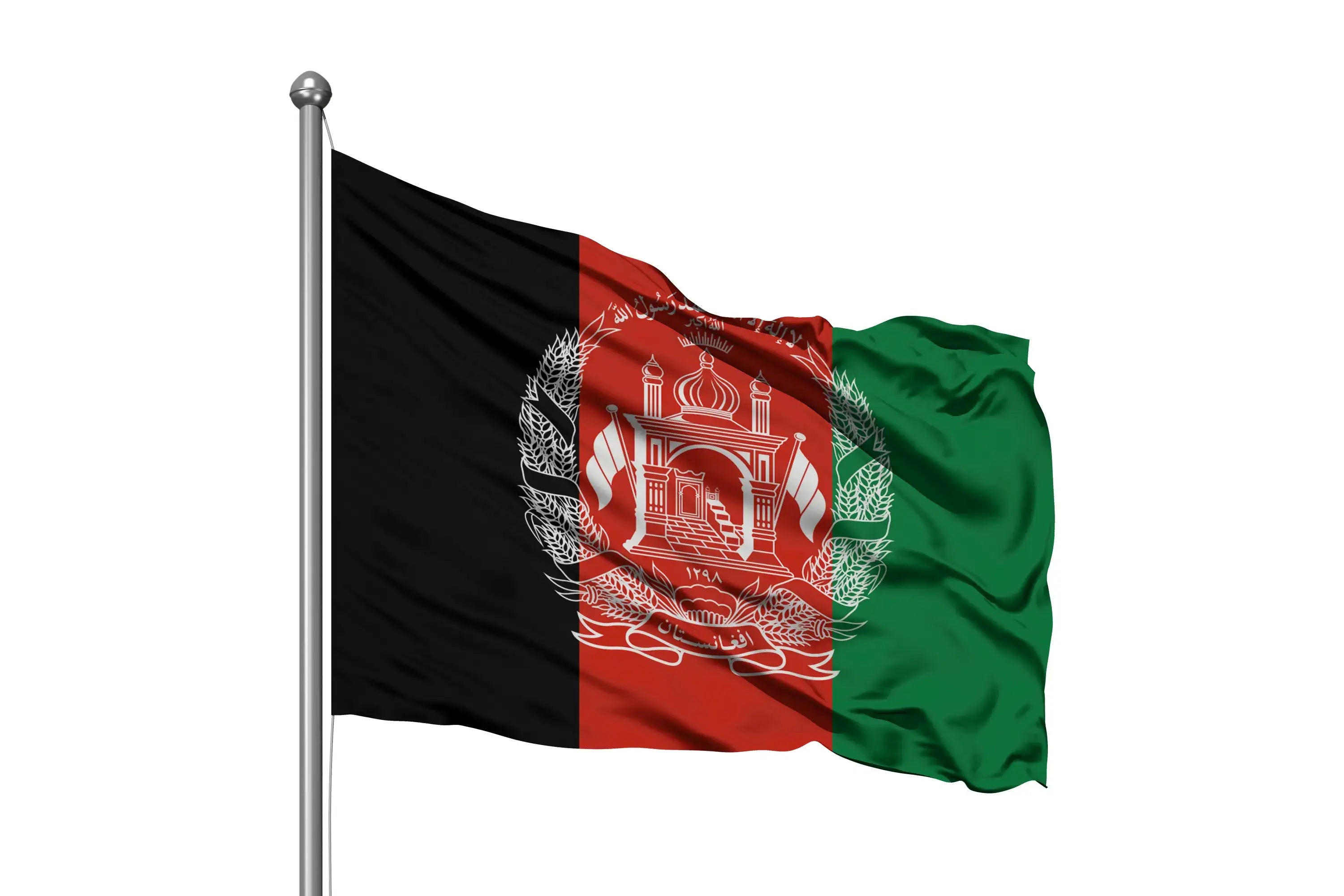 Afghanistan flag with black, red, green stripes and white national emblem waving on pole