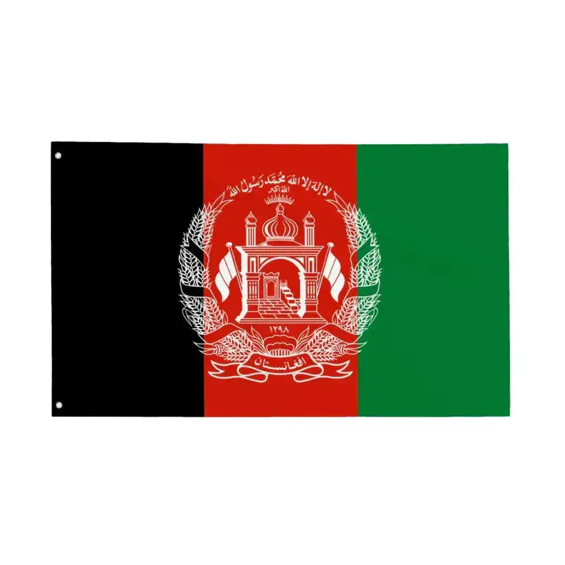 Afghanistan flag with black, red, green stripes and white national emblem