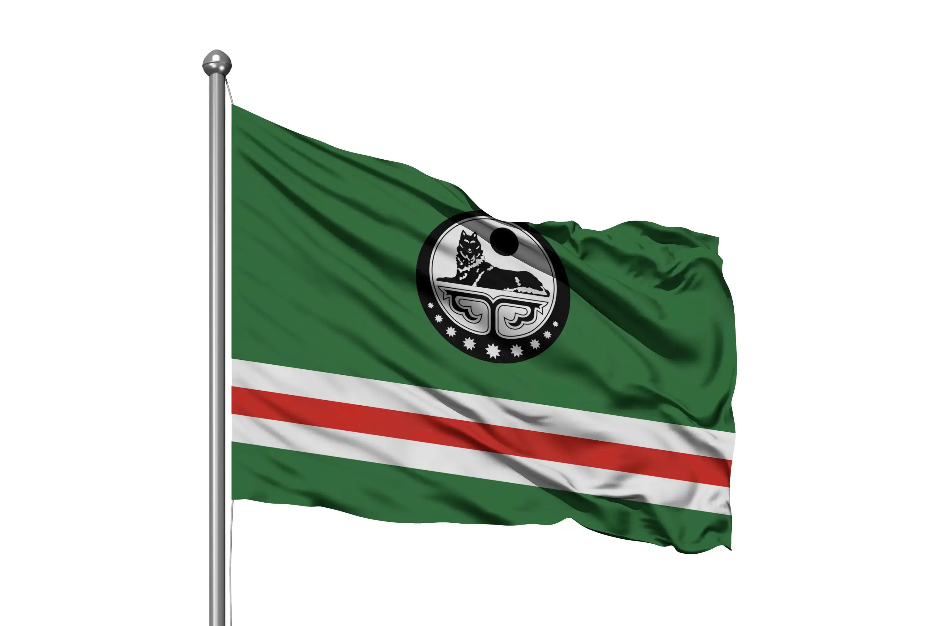 Green Chechen flag with white and red stripes, black mountain emblem, waving on flagpole