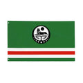 Chechen flag with green field, red and white stripes, and a central wolf emblem