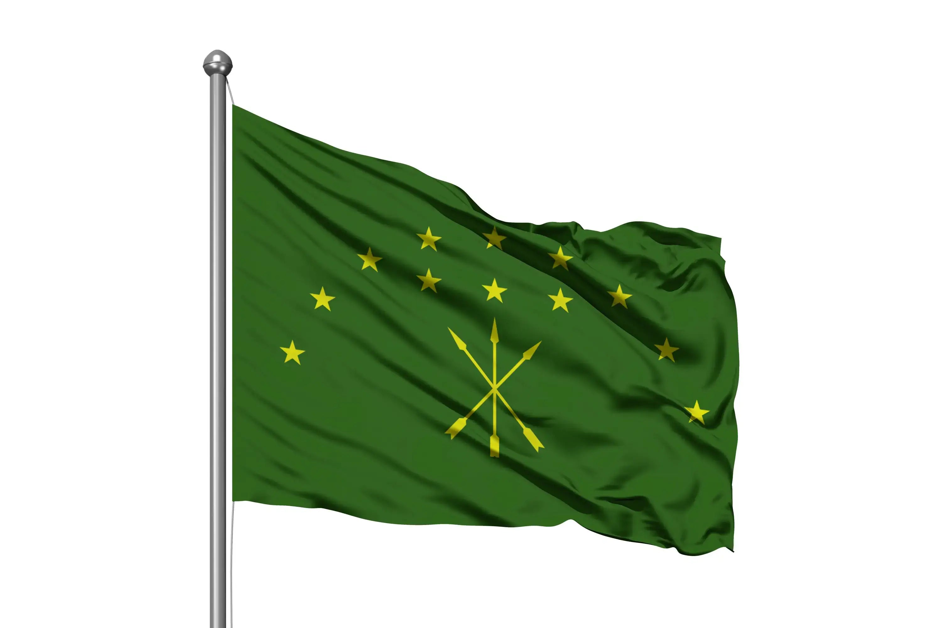 Circassian flag with twelve gold stars and three crossed arrows on green background