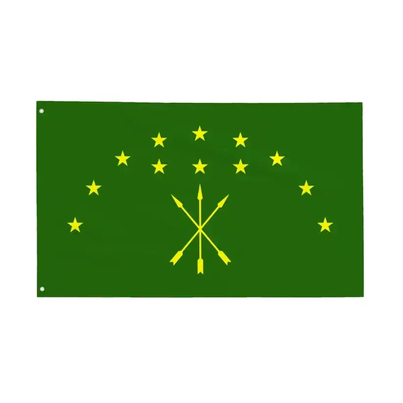 Circassian flag with green background, twelve yellow stars and three crossed arrows