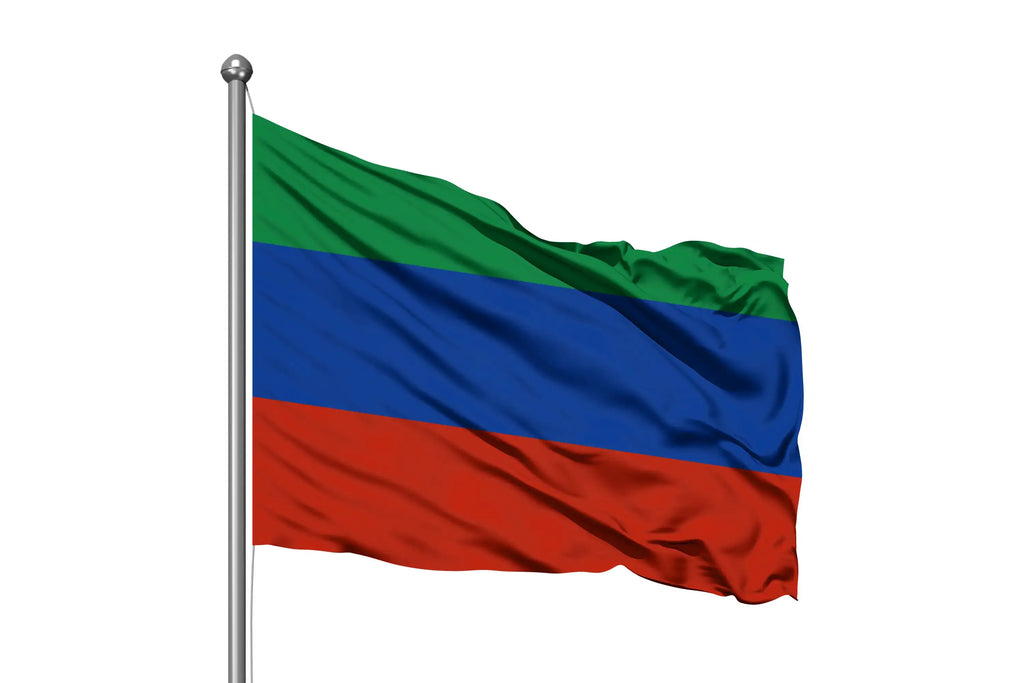 Flag of Dagestan with green, blue, and red horizontal stripes on a flagpole