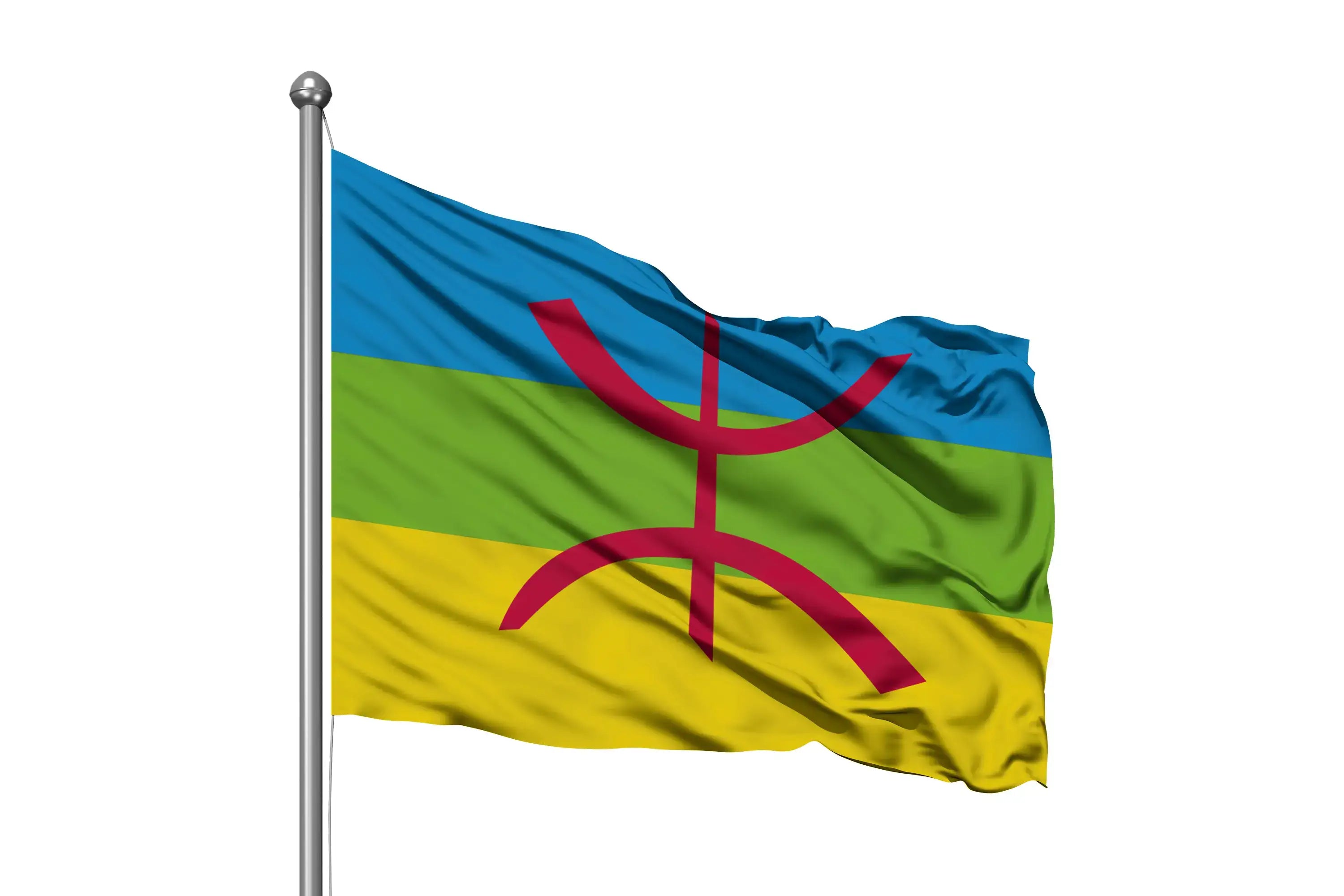 Kabylia flag with blue, green, and yellow stripes and red Berber symbol on a flagpole