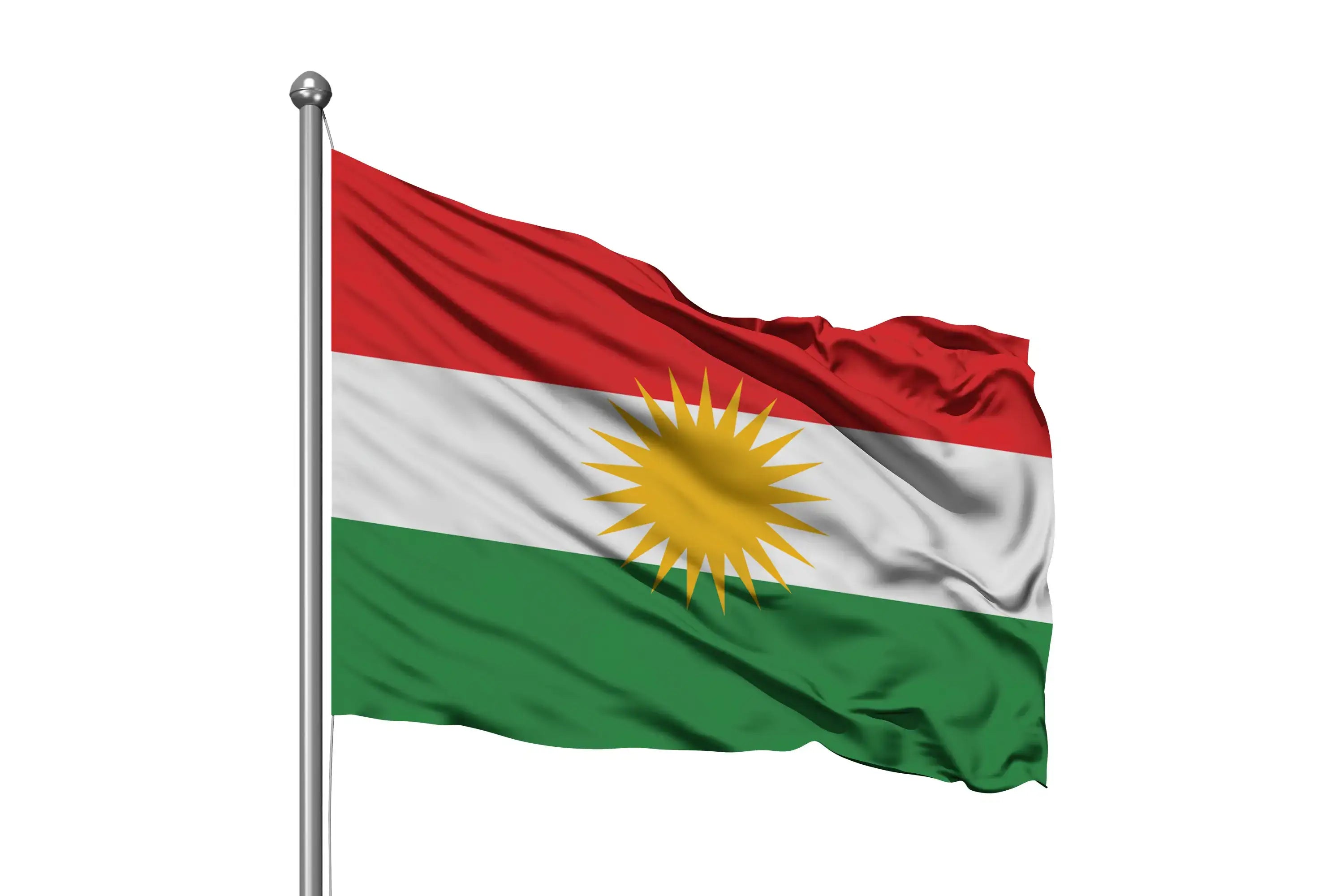 Kurdistan flag with red, white, green stripes and yellow sun emblem waving on pole