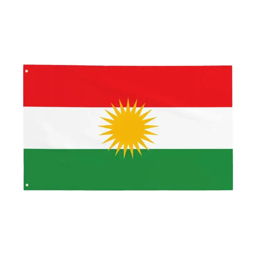 Kurdistan flag with red, white, green stripes and yellow sun emblem on white background