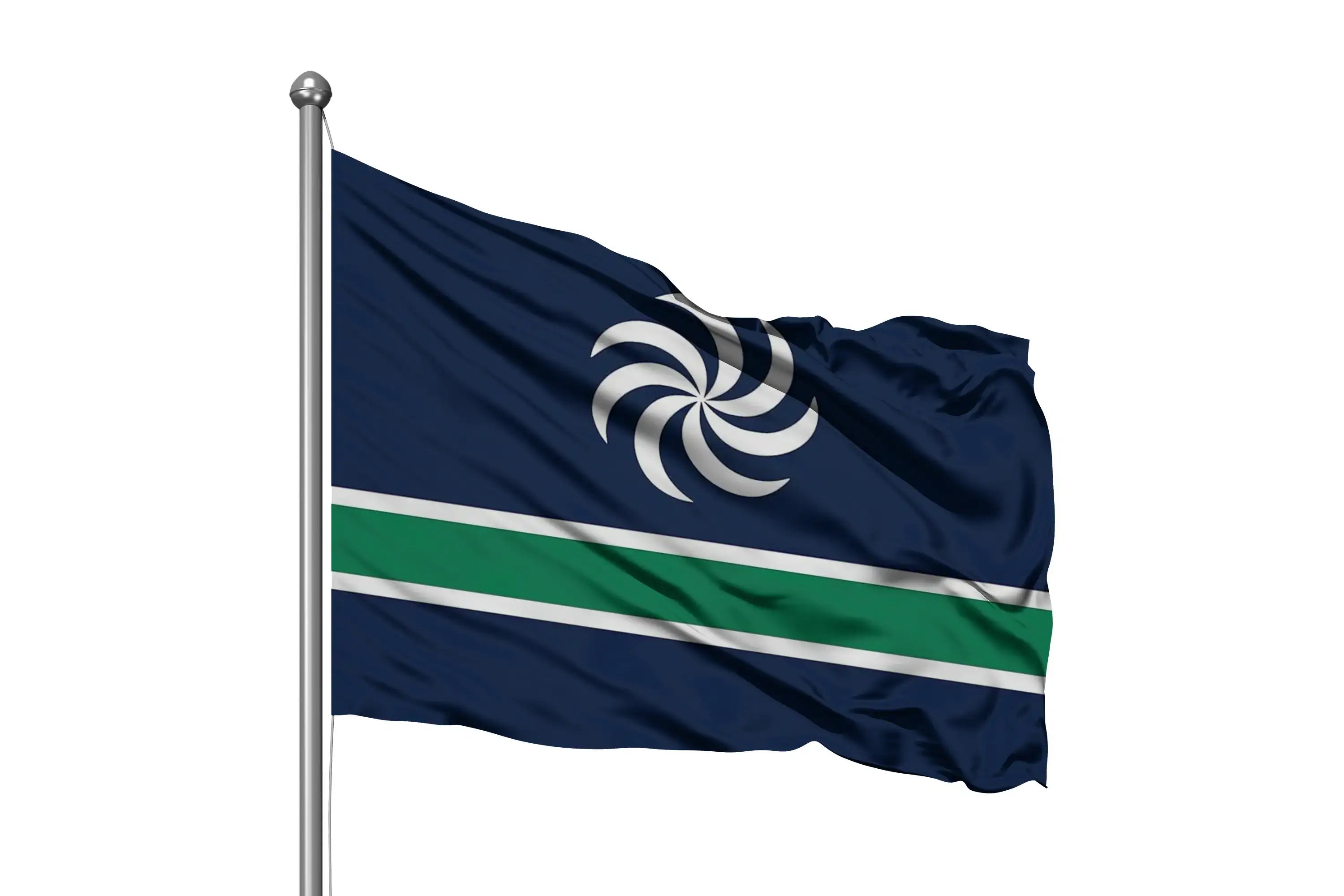 Lazistan flag with blue background, green and white stripes, and white symbol