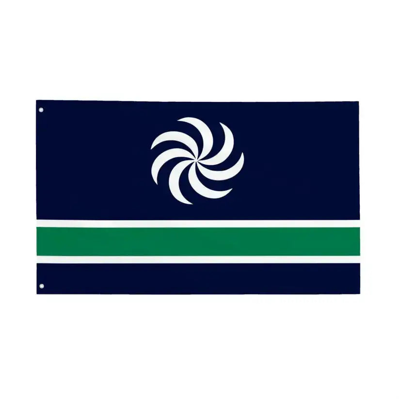 Blue flag with a white spiral symbol above green and white horizontal stripes, Lazistan design