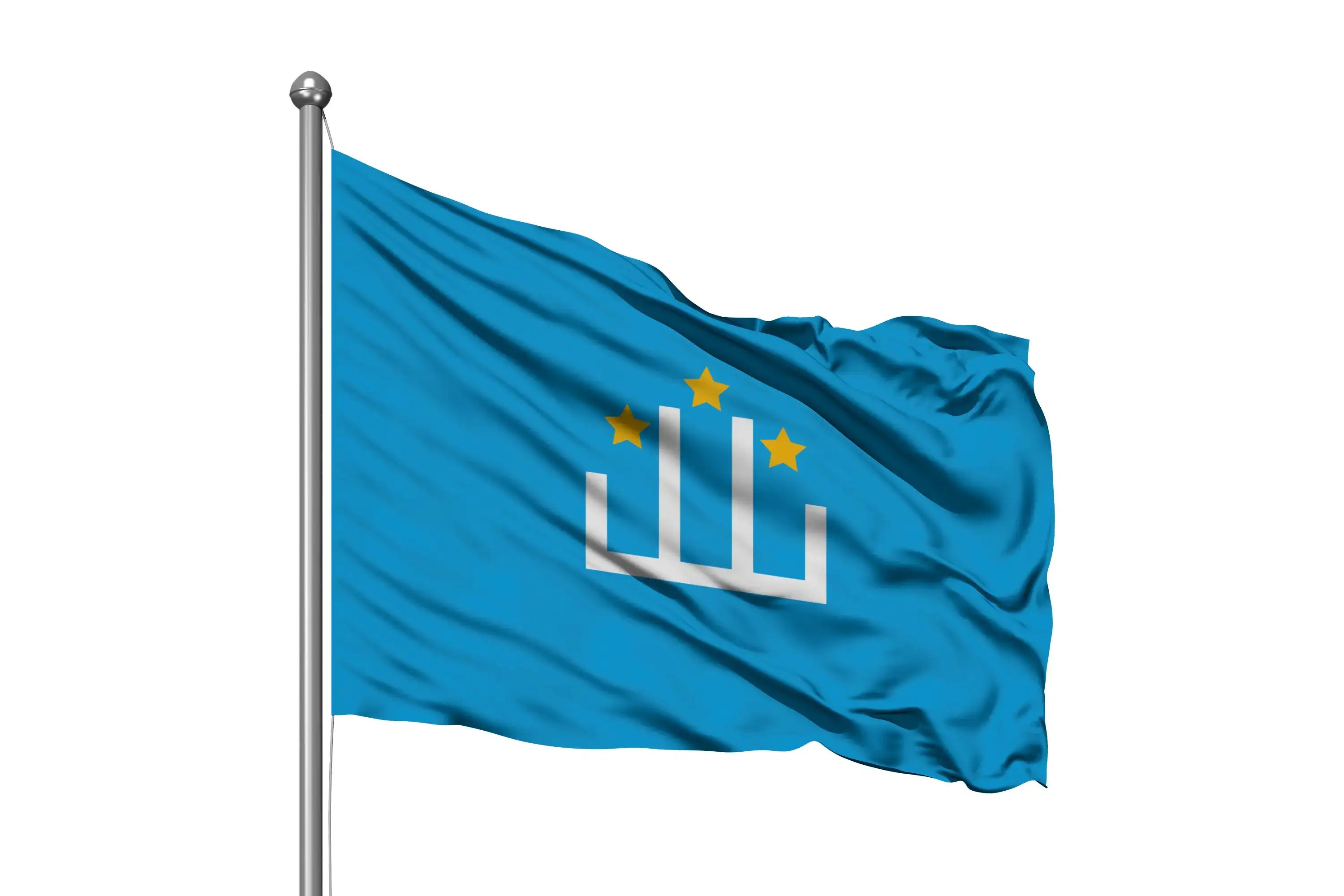 Blue Kumyk flag with white geometric symbol and three yellow stars waving on flagpole