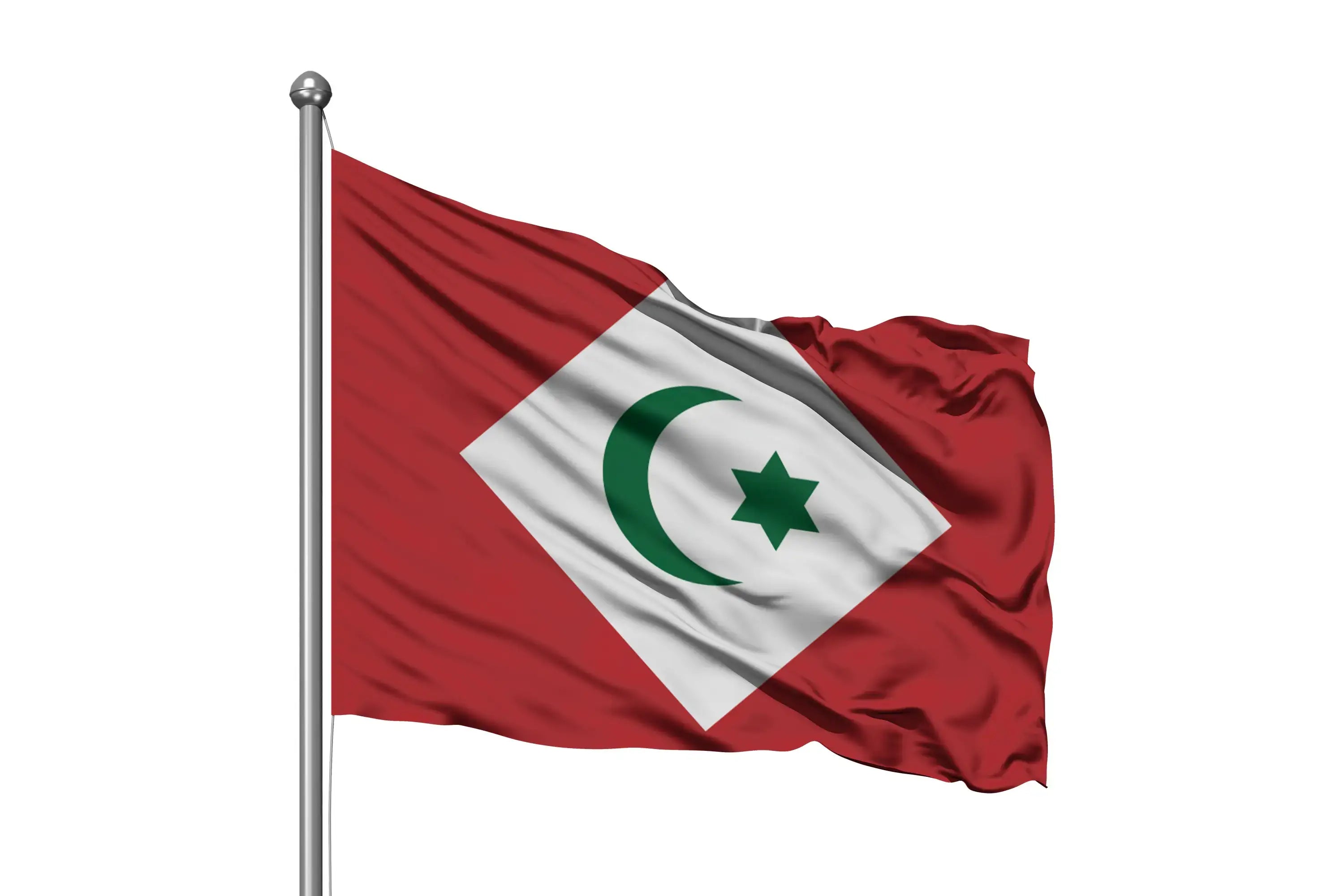Red flag with a white diamond, green crescent, and green star, blowing on a flagpole